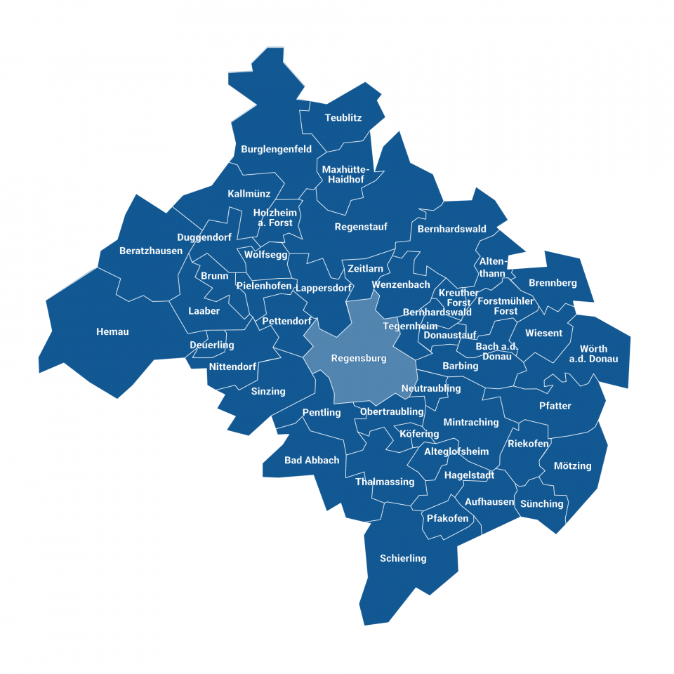 Karte der beteiligten Kommunen im Großraum Regensburg